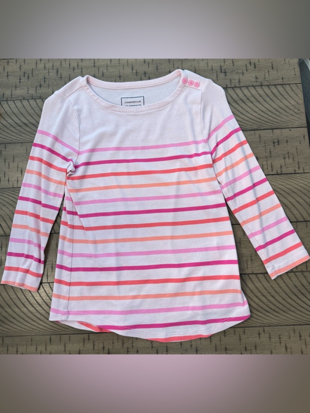 Charter Club Light Pink Long-Sleeve Striped Tee with Button Shoulder